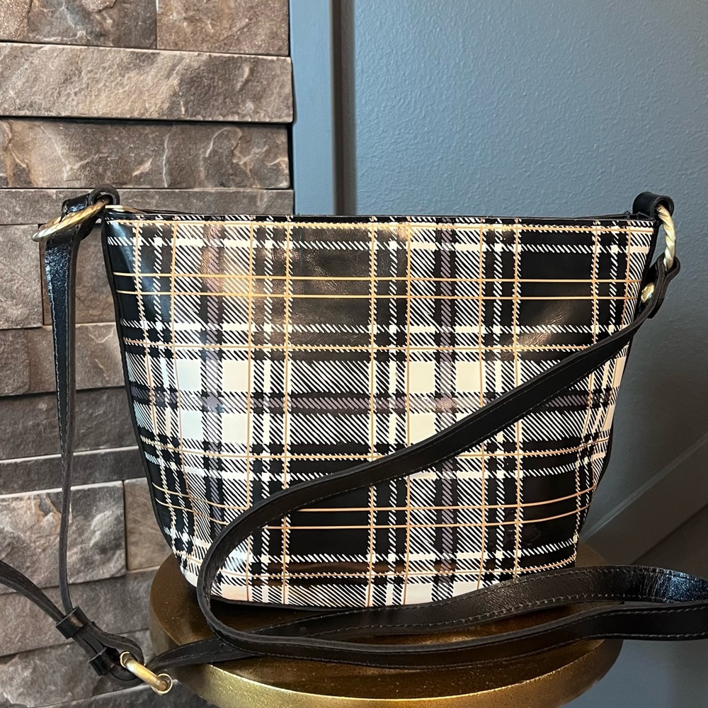 Patricia Nash Plaid Crossbody Shoulder Bag Black and White, Gold Accents